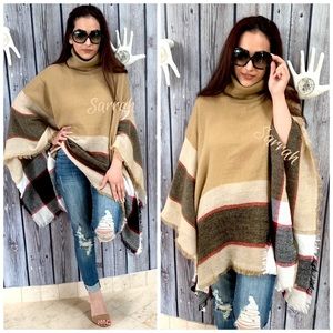New Cozy Turtleneck Poncho w/plaid & frayed edges